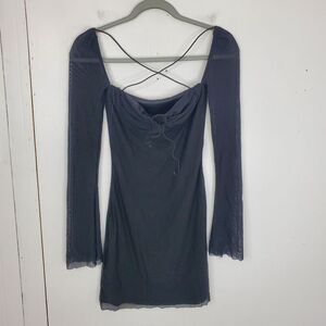 Womens Y2K Mini Dress Sheer Bodycon Bell Sleeve Dark Coquette Goth Vamp Womens S